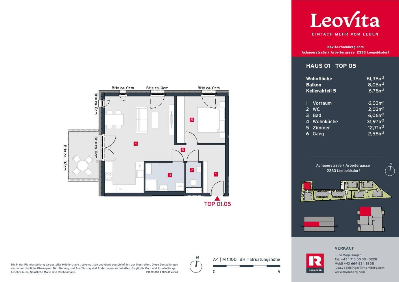 Detaillierter Grundriss einer Wohnung mit Balkon und separatem WC.