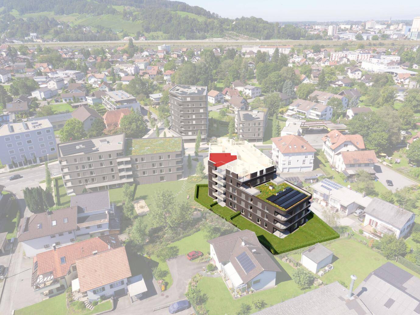 Architektonische Visualisierung des Rheindorf Wohngebäudes W27 mit roten und weißen Bereichen, umgeben von Häusern und grünen Flächen.