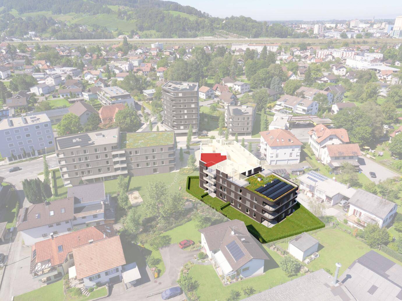 Visualisierung einer modernen Wohnanlage mit Gründach und Solarpaneelen, eingebettet in eine Vorstadtumgebung (Rheindorf)