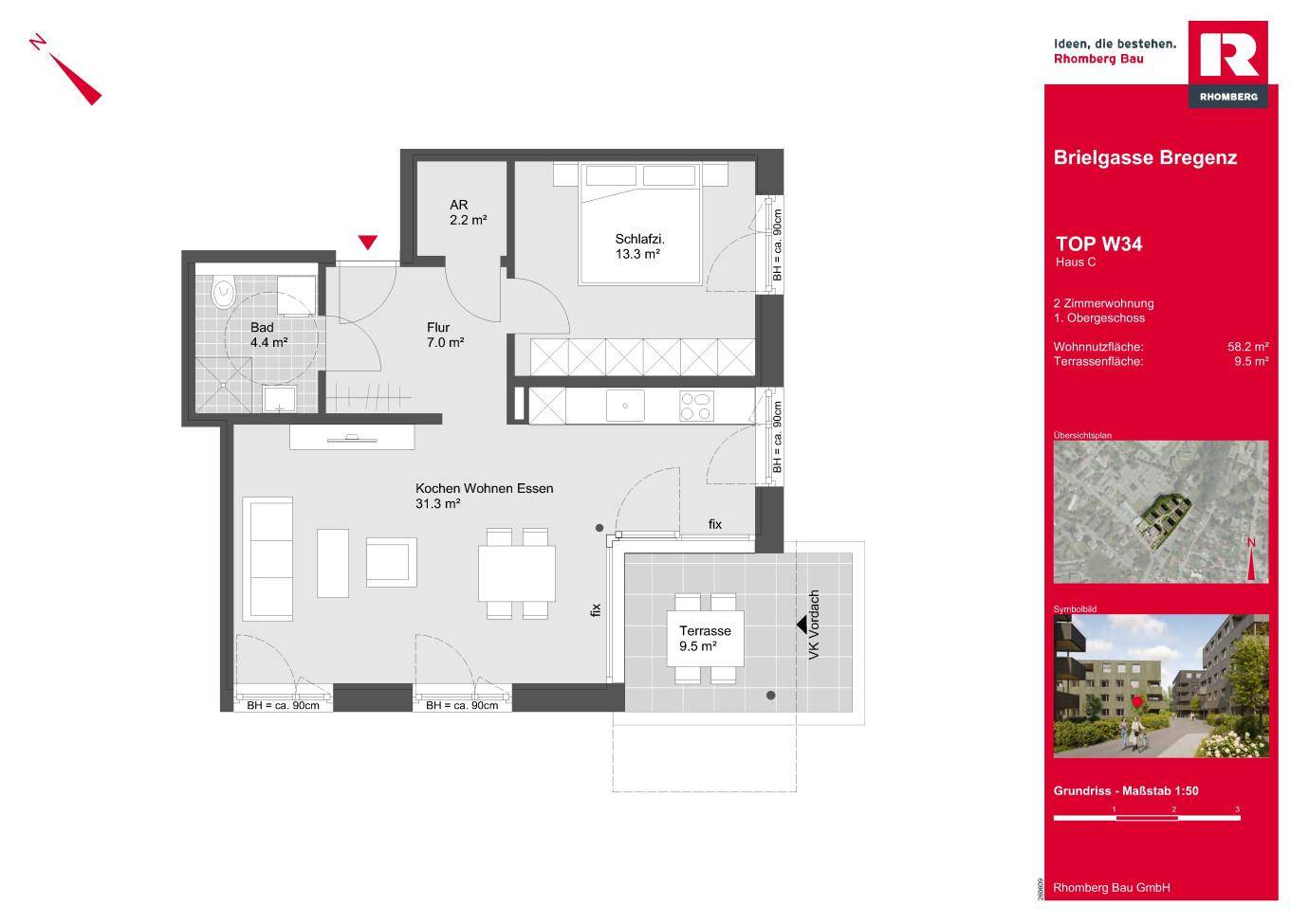 Grundriss einer 2-Zimmer-Wohnung mit offener Küche, Wohnbereich, Schlafzimmer und Terrasse.