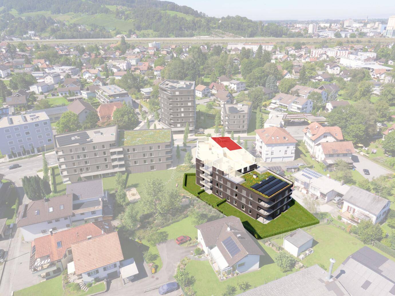 Visualisierung eines neuen Gebäudes mit begrüntem Dach und Solaranlagen in einer Vorstadtumgebung, inmitten bestehender Häuser (Rheindorf)