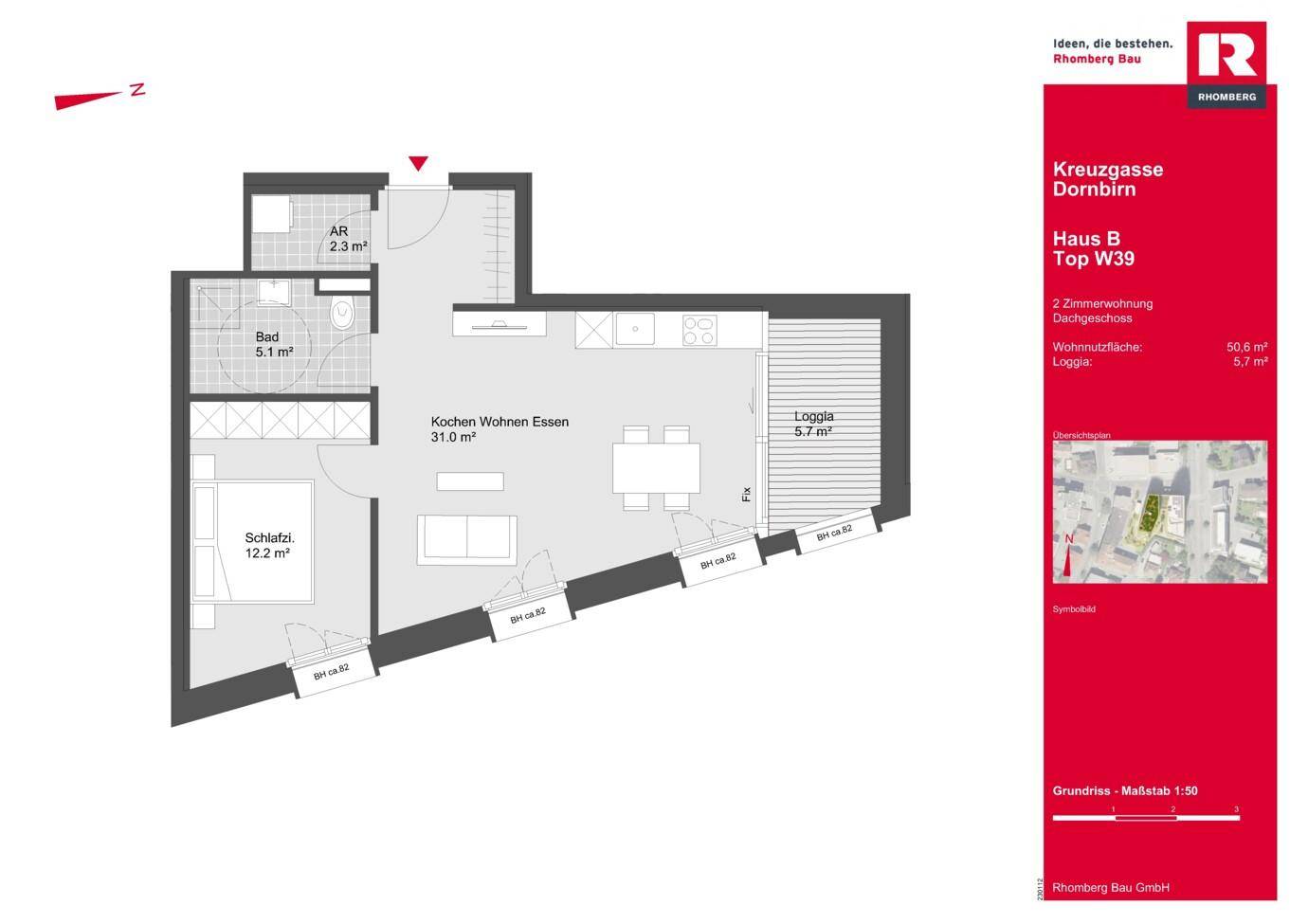 Grundriss einer 2-Zimmer-Wohnung mit offenem Wohnbereich, Loggia und separatem Abstellraum.