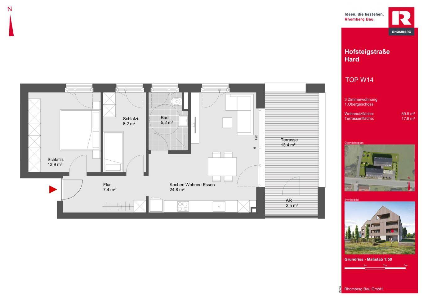 Grundriss einer Wohnung mit zwei Schlafzimmern, offenem Wohnbereich und großer Terrasse.