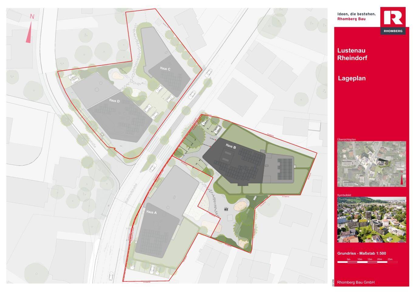 Lageplan des Wohnprojekts mit vier Gebäuden, Grünflächen, Spielplatz und Parkplätzen.