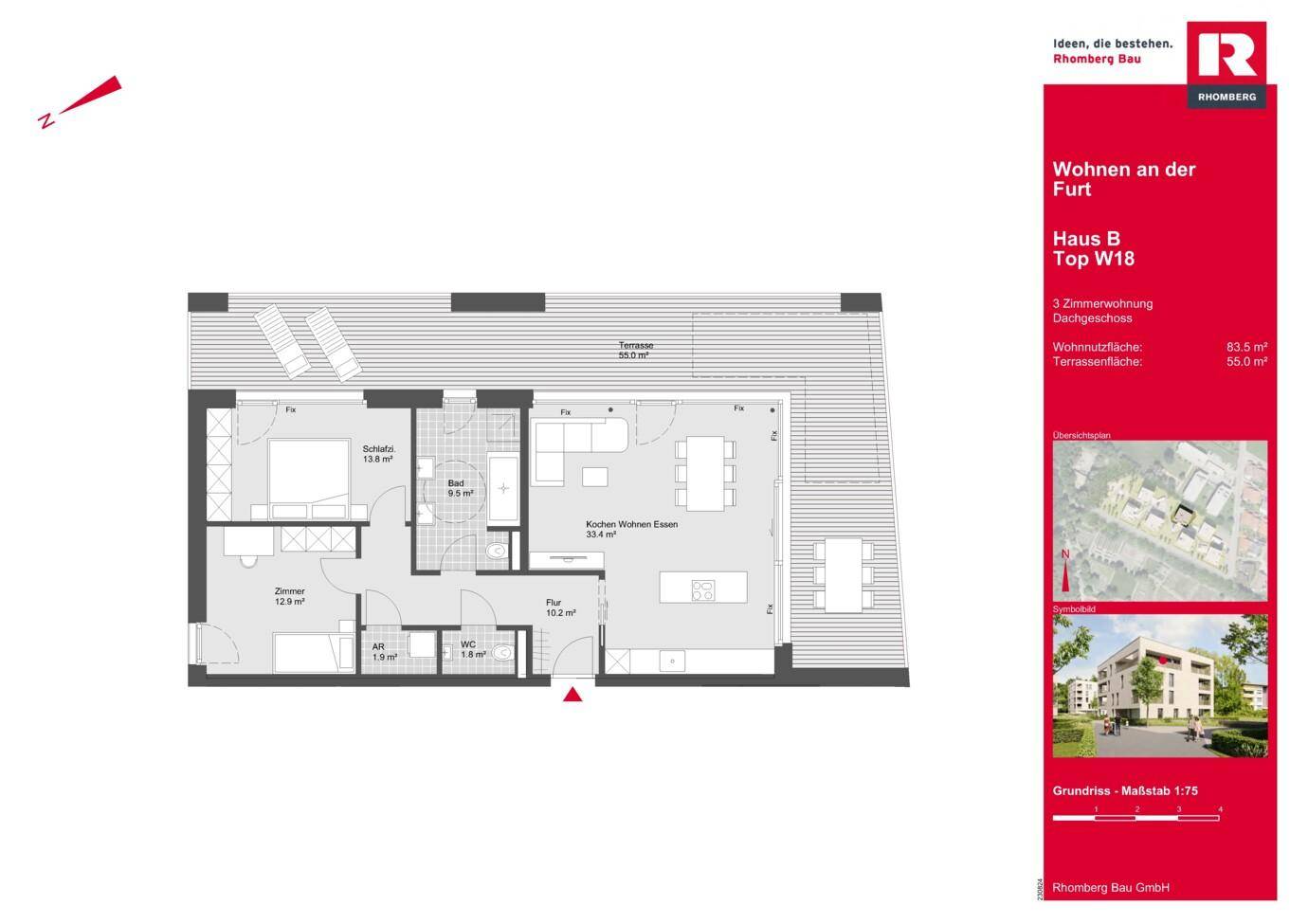 Detaillierter Grundriss einer Dachgeschosswohnung mit offenem Wohn-Essbereich, separatem WC und großer Terrasse.