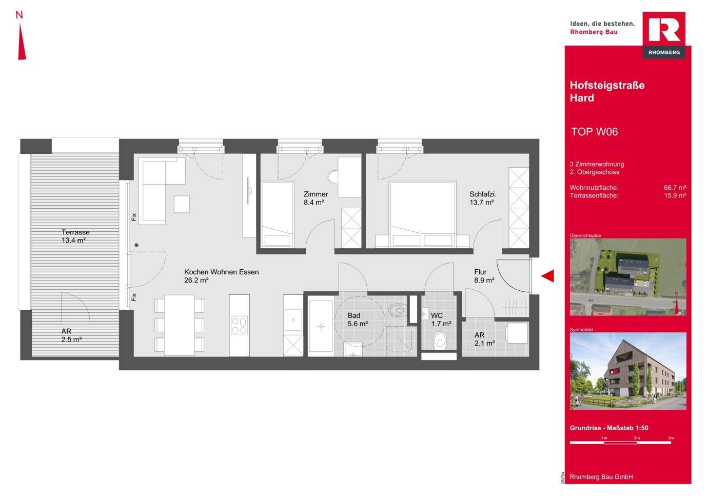Grundriss einer 3-Zimmer-Wohnung mit offenem Wohnbereich, Schlafzimmer, Bad, separatem WC und großer Terrasse.