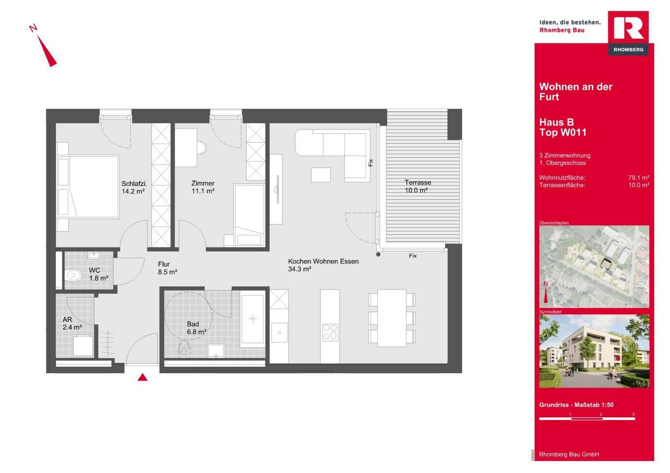Grundriss einer 3-Zimmer-Wohnung mit offener Küche, Wohn- und Essbereich sowie einer Terrasse.