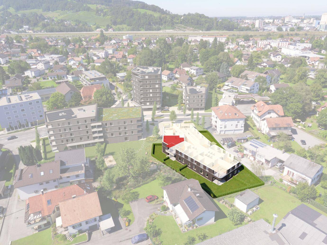 Eine Luftaufnahme, die ein teilweise gerendertes Immobilienprojekt mit roten und weißen Bereichen in einer vorstädtischen Wohngegend zeigt (Rheindorf).