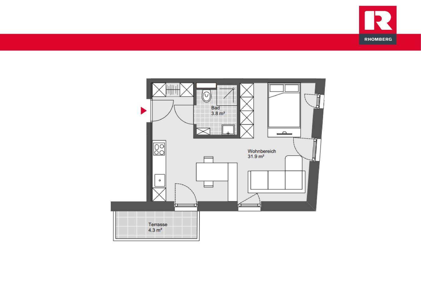 Grundriss einer Wohnung mit offenem Wohnbereich, Schlafzimmer, Bad und Terrasse.
