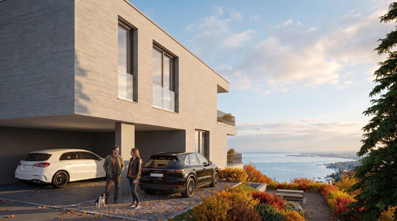 Modernes Gebäude mit integriertem Carport und herbstlicher Bepflanzung, mit Blick auf den See.