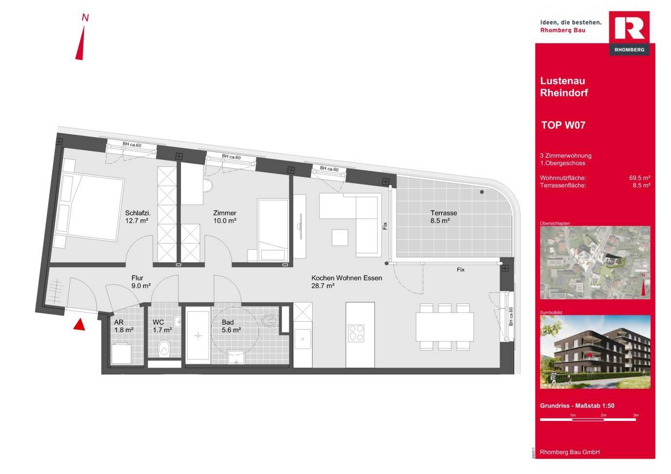 Detaillierter Grundriss einer 3-Zimmer-Wohnung mit offener Wohnküche und Terrasse.