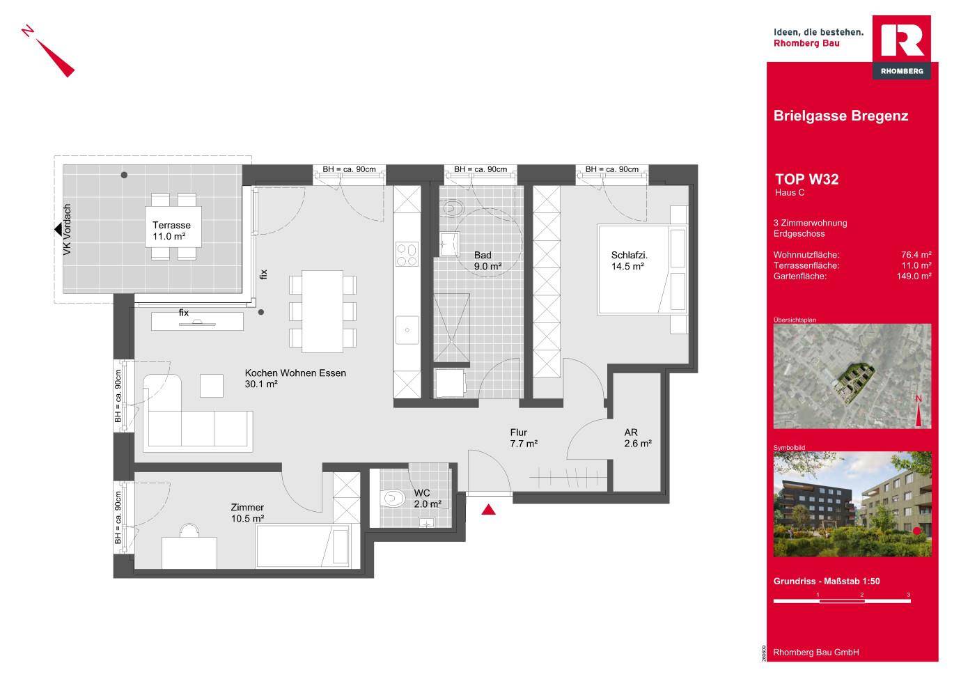 Grundriss einer 3-Zimmer-Wohnung im Erdgeschoss mit offener Küche, Wohn- und Essbereich sowie einer Terrasse.