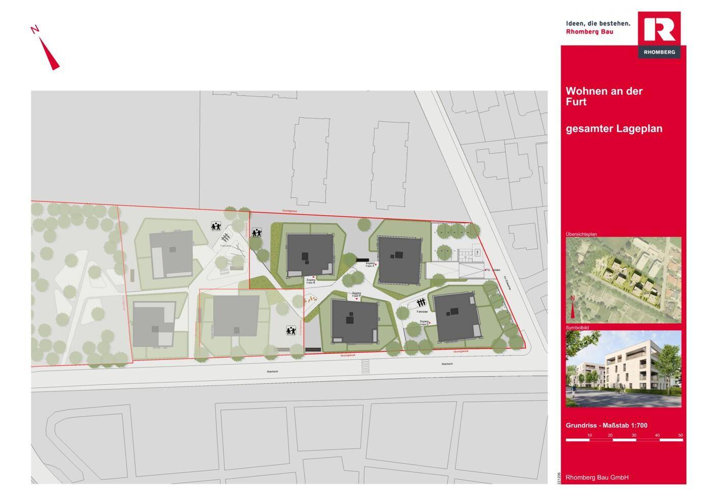 Übersichtsplan des Wohnprojekts mit mehreren Gebäuden, Grünflächen und Parkplätzen.