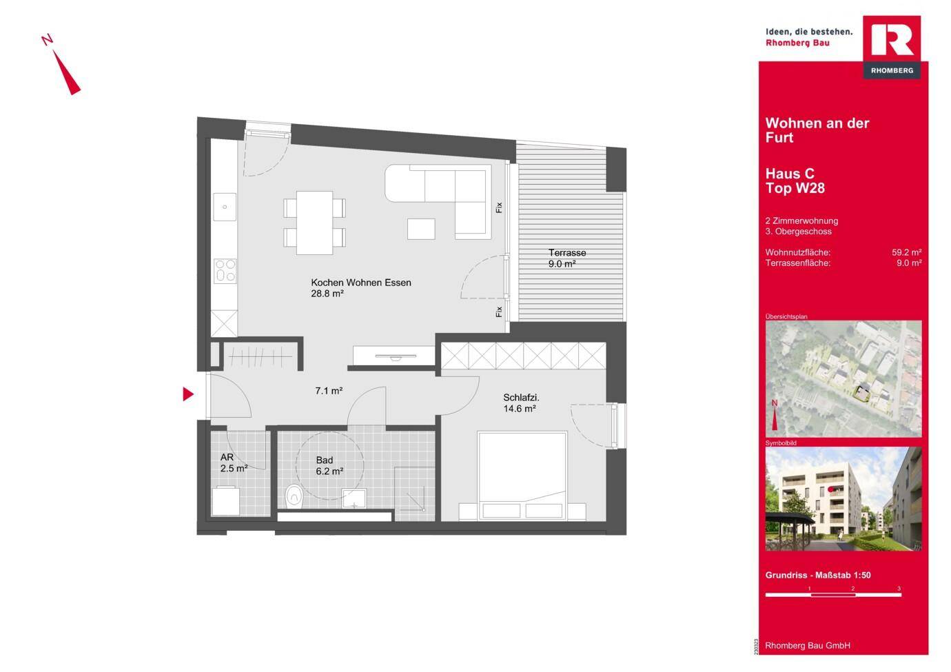 Grundriss einer 2-Zimmer-Wohnung mit offenem Wohnbereich, Schlafzimmer, Bad und großer Terrasse.