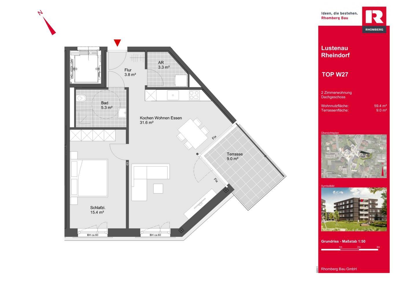 Grundriss einer 2-Zimmer-Wohnung mit offenem Wohnbereich, Schlafzimmer und großer Terrasse.