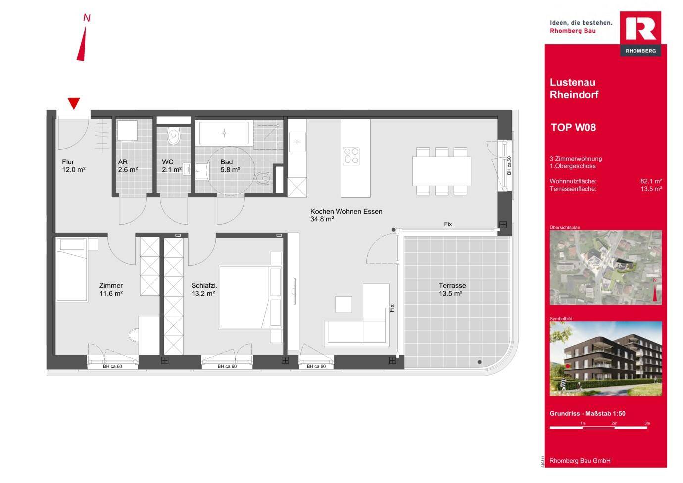 Grundriss einer 3-Zimmer-Wohnung mit offenem Wohnbereich, Terrasse und zwei Bädern.