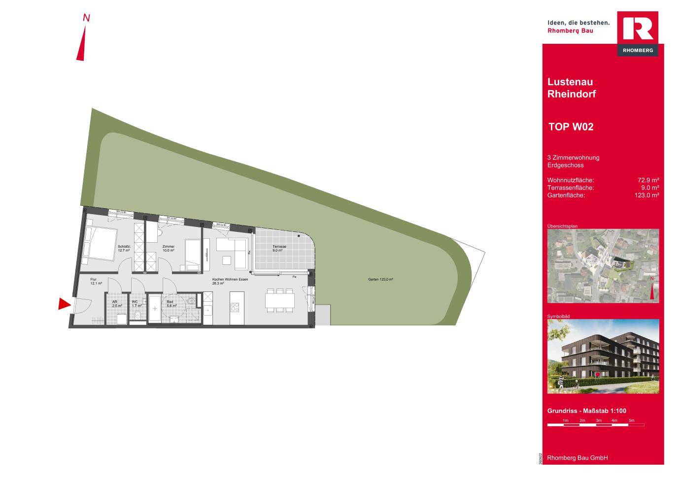 Grundriss einer 3-Zimmer-Wohnung im Erdgeschoss mit Terrasse und privatem Gartenanteil.