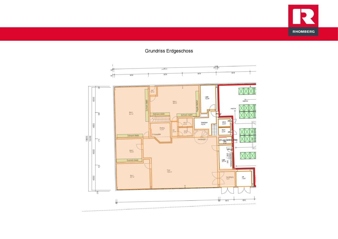 Grundriss des Erdgeschosses mit verschiedenen Büroräumen und Lagerflächen.
