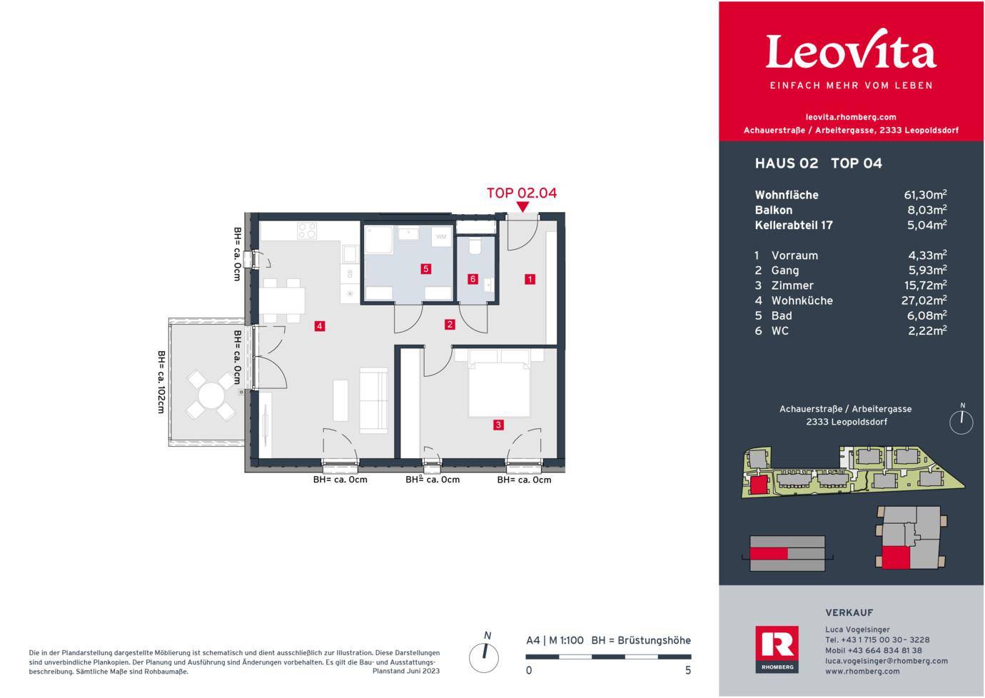 Detaillierter Grundriss einer Wohnung mit Wohnküche, Schlafzimmer und Balkon.
