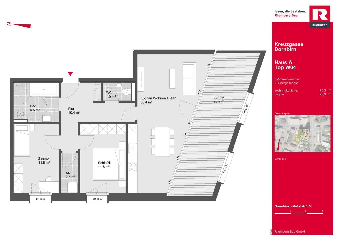Grundriss einer 3-Zimmer-Wohnung mit offener Wohnküche, Loggia und zwei Bädern.