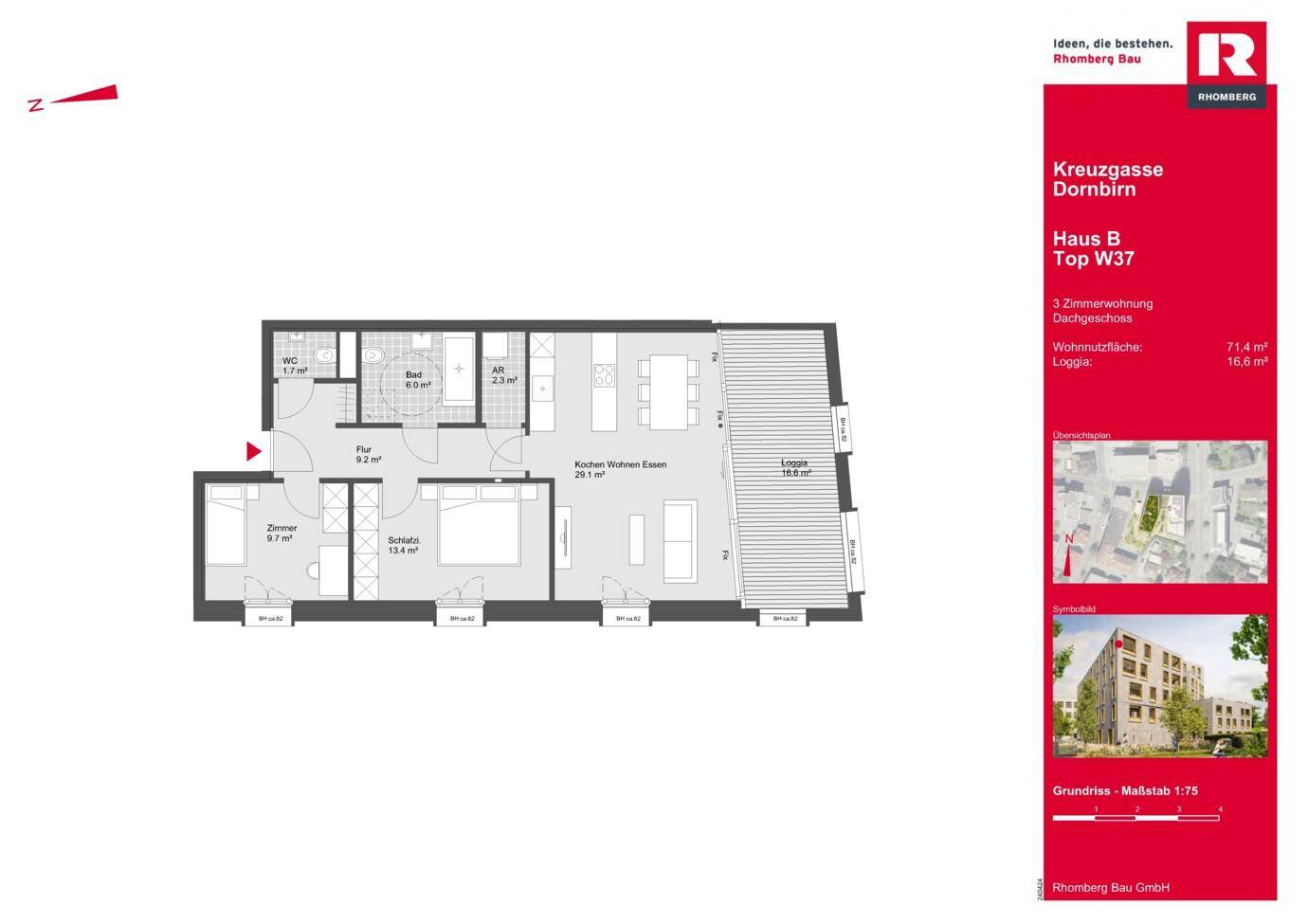 Grundriss einer 3-Zimmer-Dachgeschosswohnung mit offenem Wohnbereich, Bad, separatem WC und Loggia.