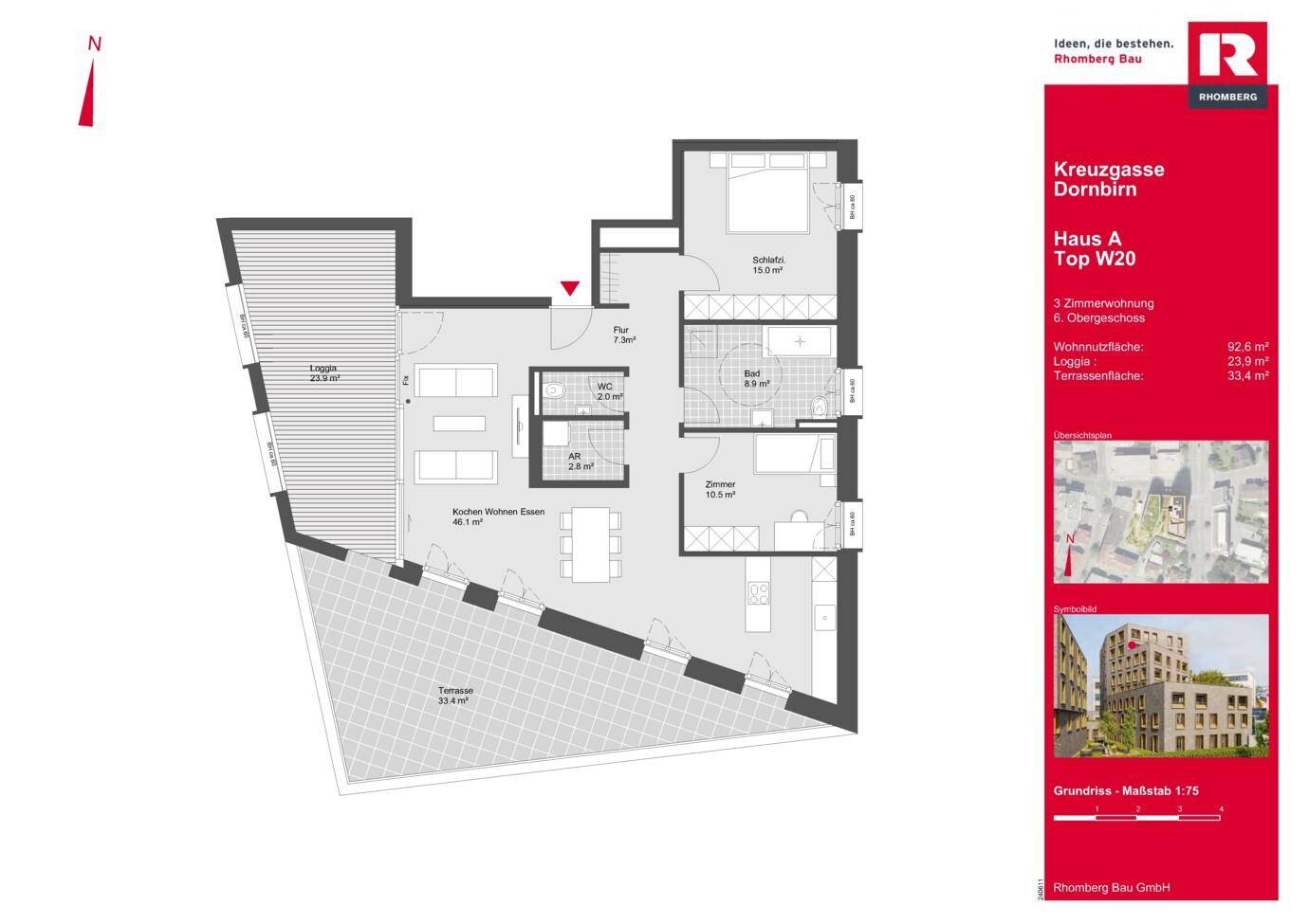 Grundriss einer 3-Zimmer-Wohnung mit offener Wohnküche, Loggia und großer Terrasse.
