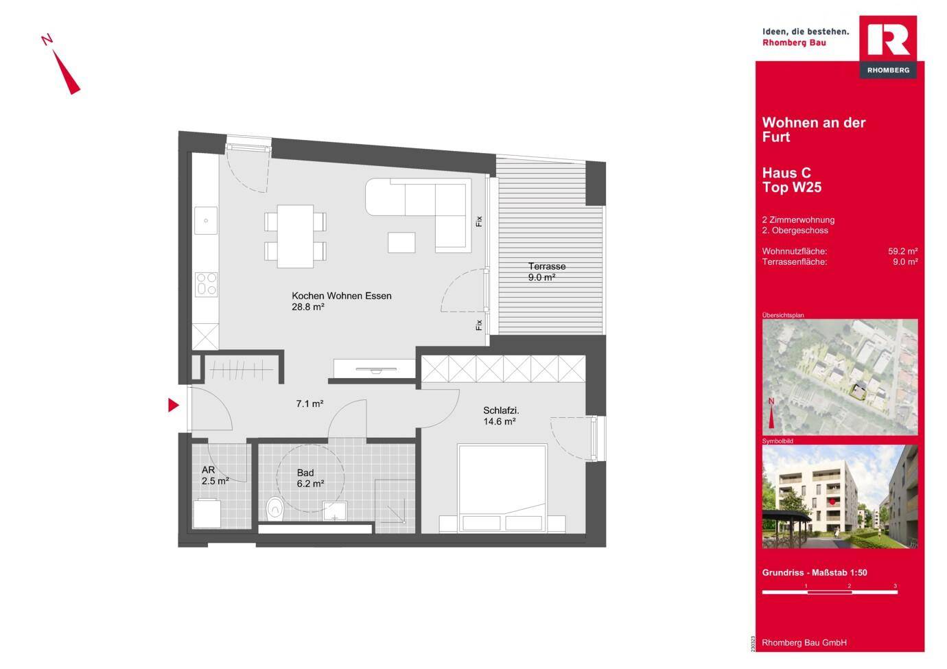 Grundriss einer 2-Zimmer-Wohnung mit offenem Wohn-Essbereich, Schlafzimmer, Bad und großer Terrasse.