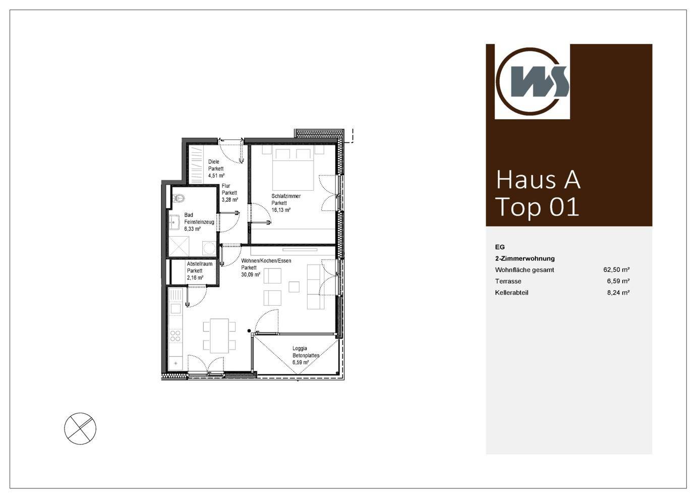 Grundriss einer 2-Zimmer-Wohnung mit offenem Wohnbereich, Schlafzimmer, Bad, Abstellraum und Loggia.