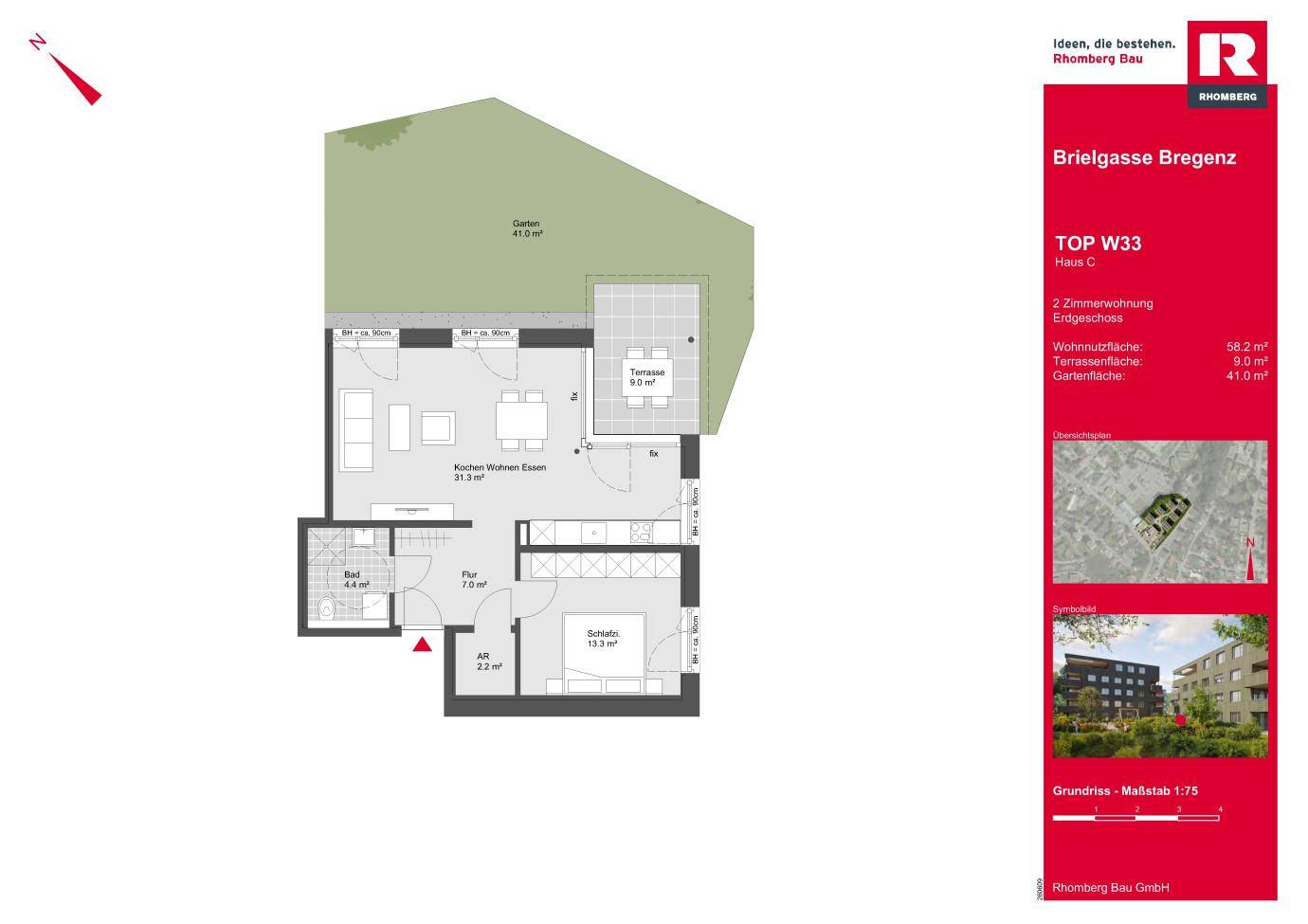 Grundriss einer 2-Zimmer-Wohnung im Erdgeschoss mit offenem Wohnbereich, Terrasse und Garten.