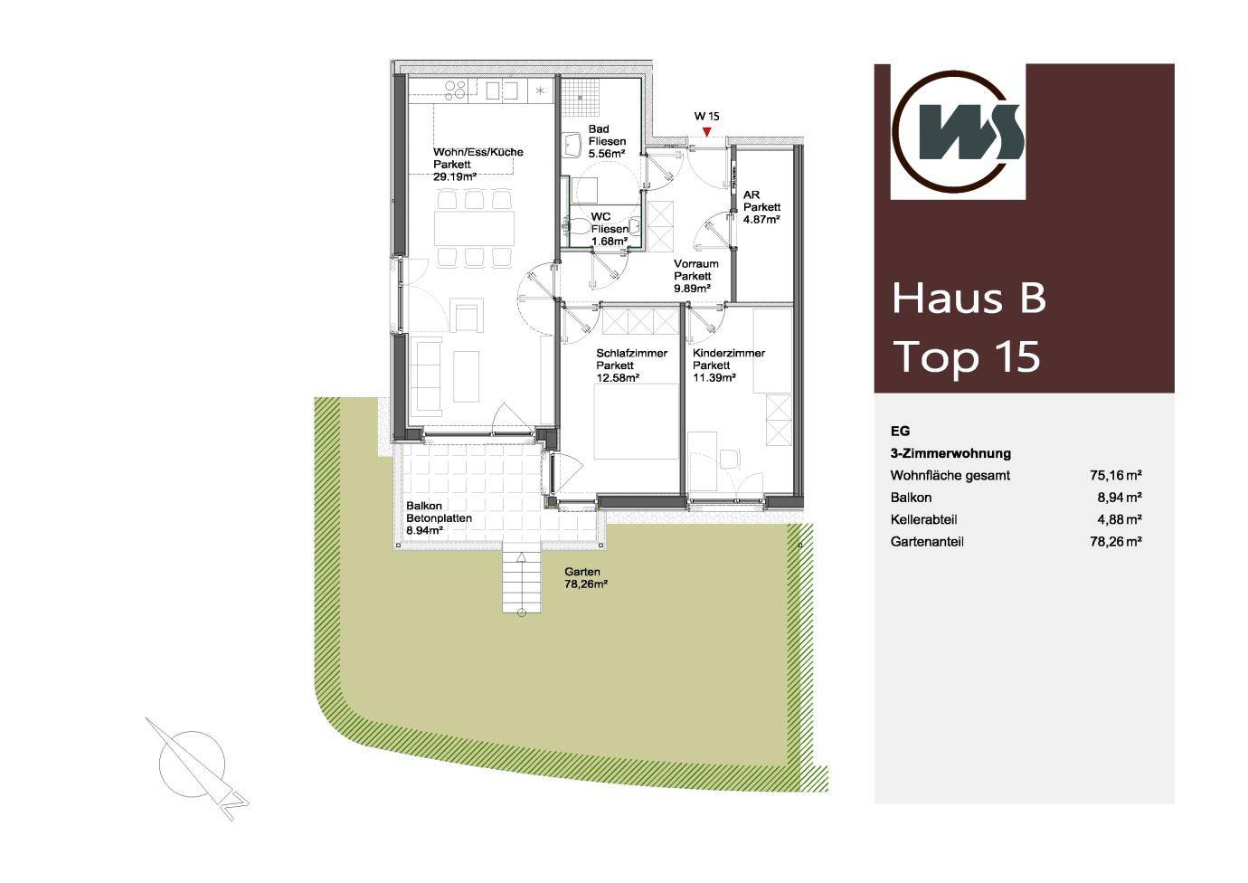 Grundriss der 3-Zimmer-Wohnung Top 15 in Haus B mit Balkon und Gartenanteil.