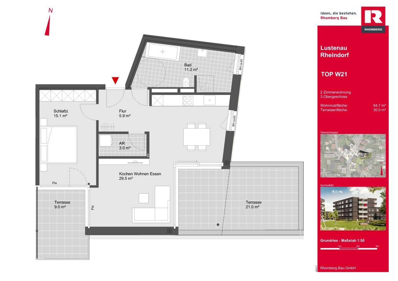 Grundriss der 2-Zimmer-Wohnung TOP W21 mit offenem Wohnbereich, Schlafzimmer, Bad und zwei Terrassen.