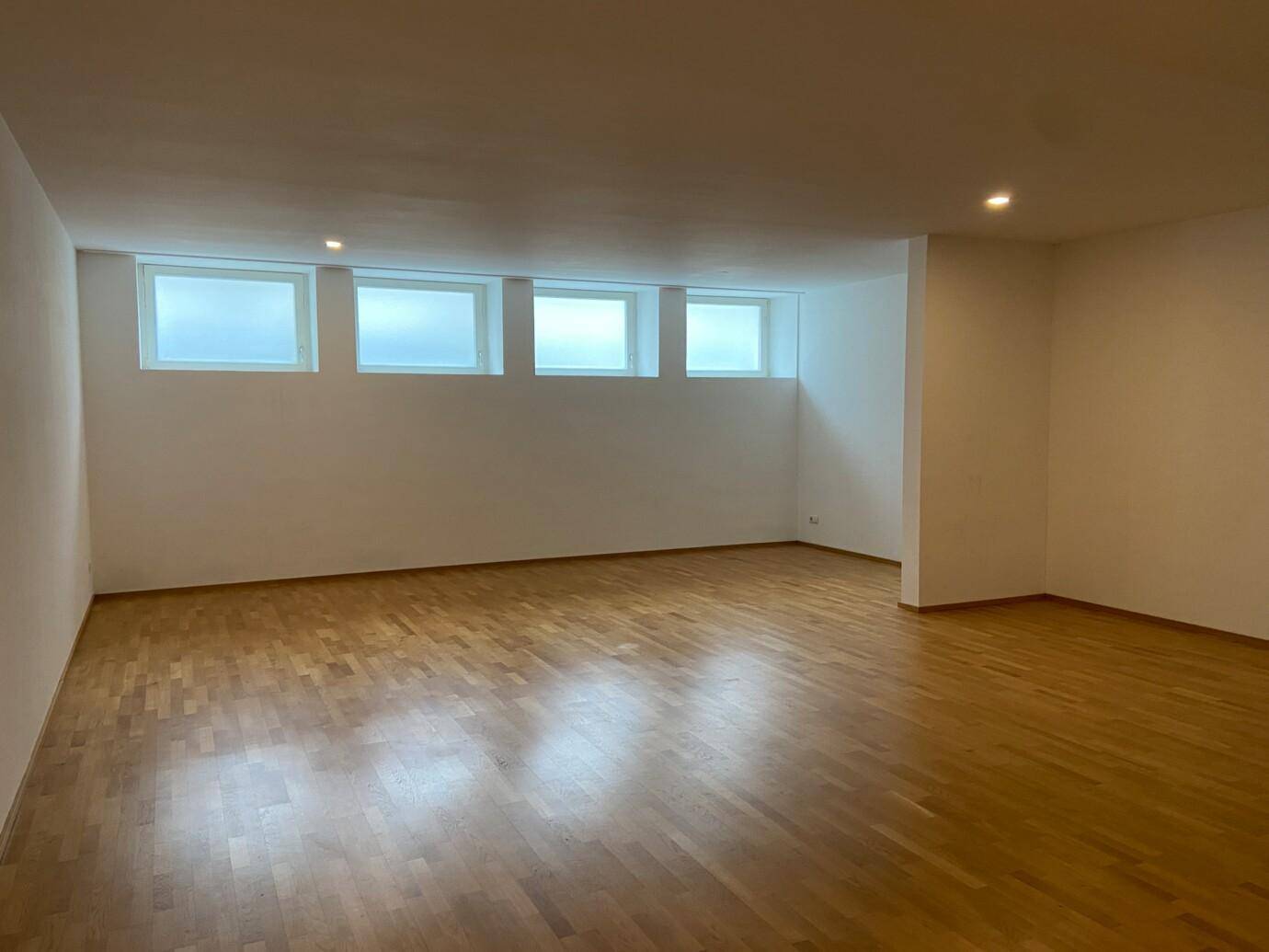 Geräumiger Innenraum mit Parkettboden und weiß gestrichenen Wänden, gut beleuchtet.