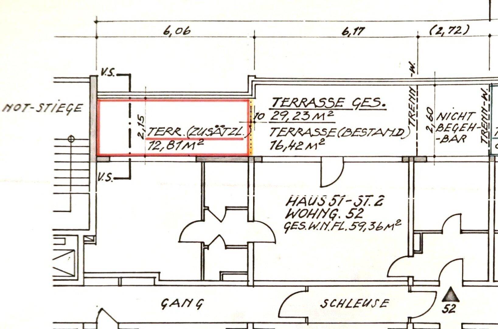 Grundrissplan, Einreichplan 1977 (Vergrößerung Terrasse)
