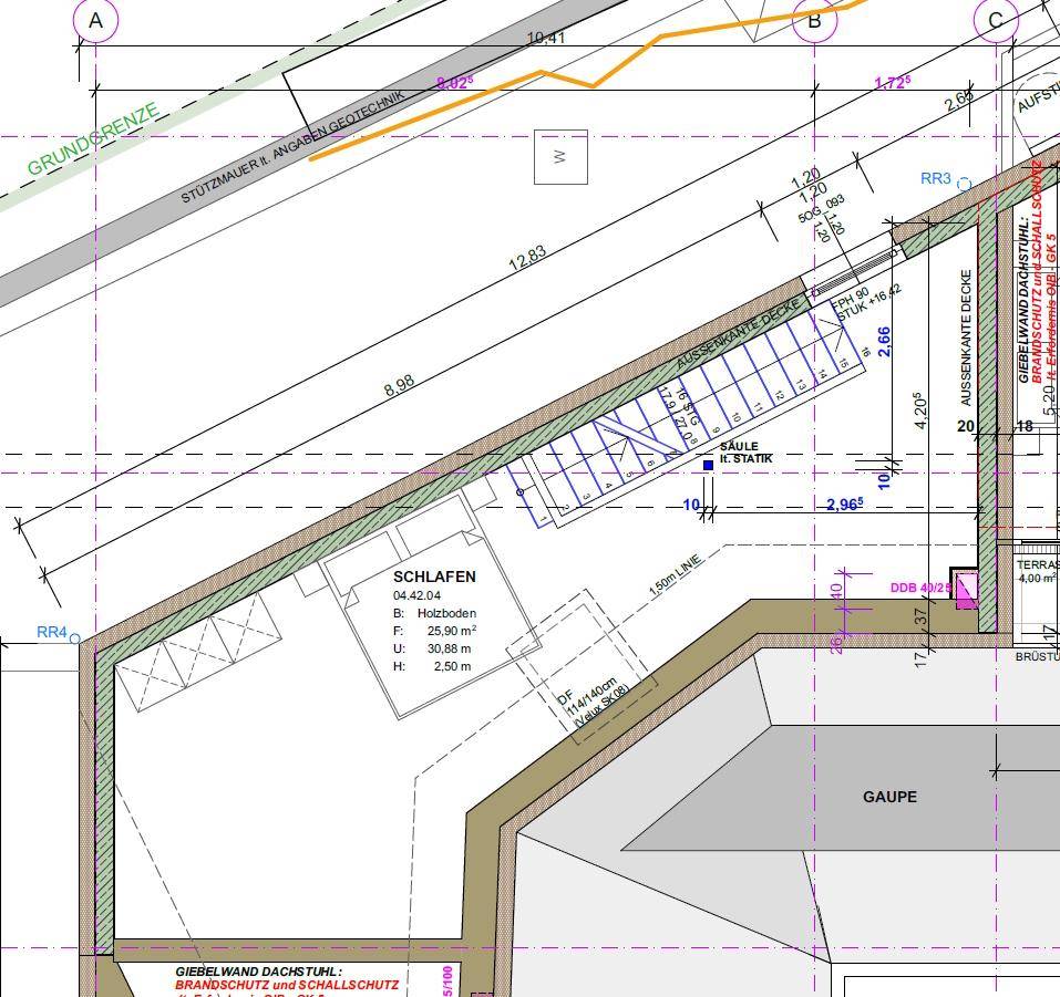 Grundrissausschnitt zeigt einen Schlafbereich mit Dachschräge, Gaube und Dachfenster.