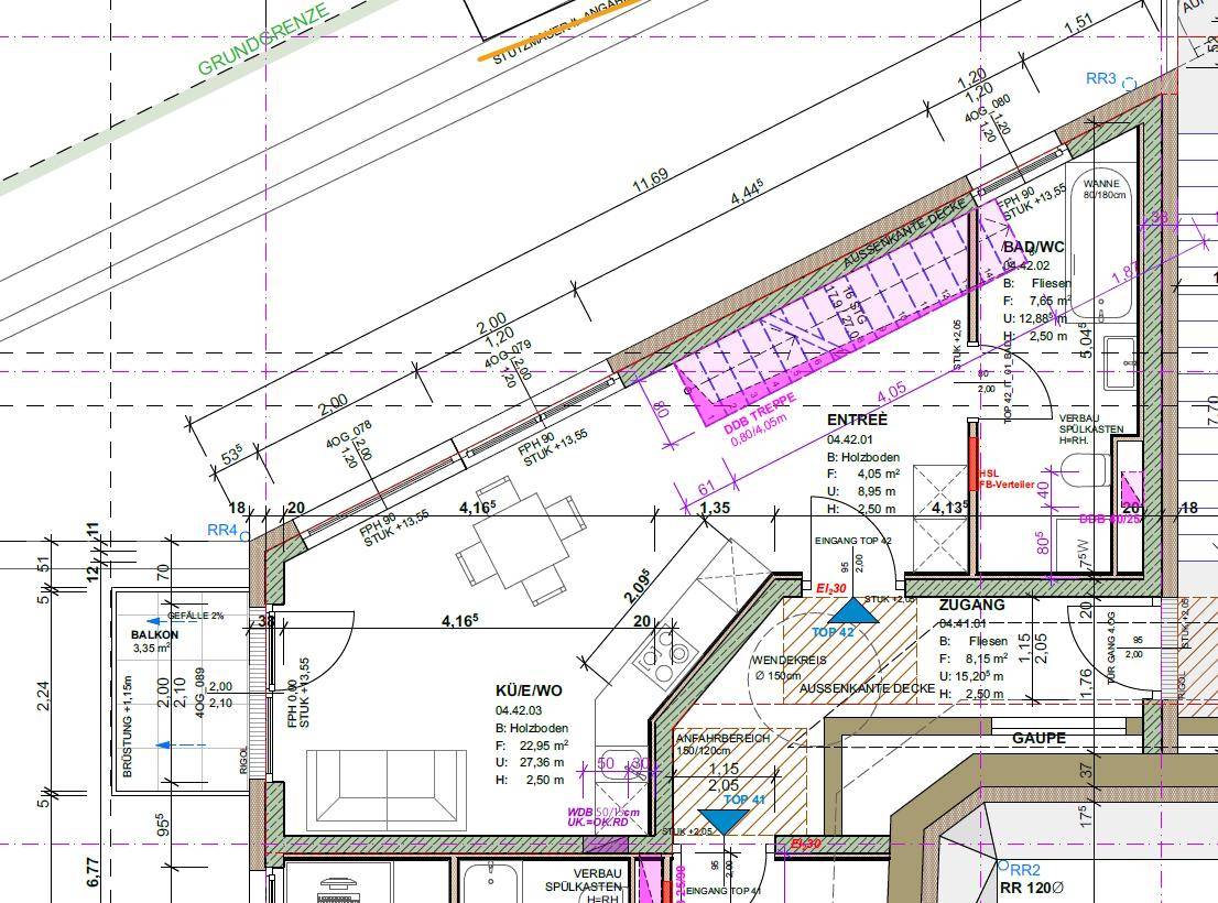 Grundriss des Dachgeschosses mit offenem Wohn- und Küchenbereich sowie einem Badezimmer.