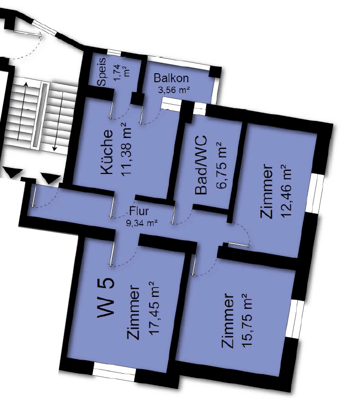 Grundriss der Wohnung W5 mit Küche, Bad/WC, Balkon und mehreren Zimmern.