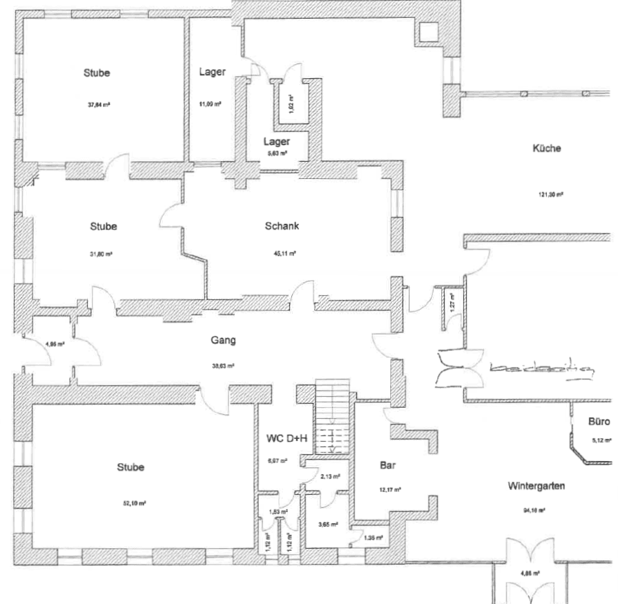 Grundriss des Erdgeschosses mit Stuben, Schank, Büro und Wintergarten.