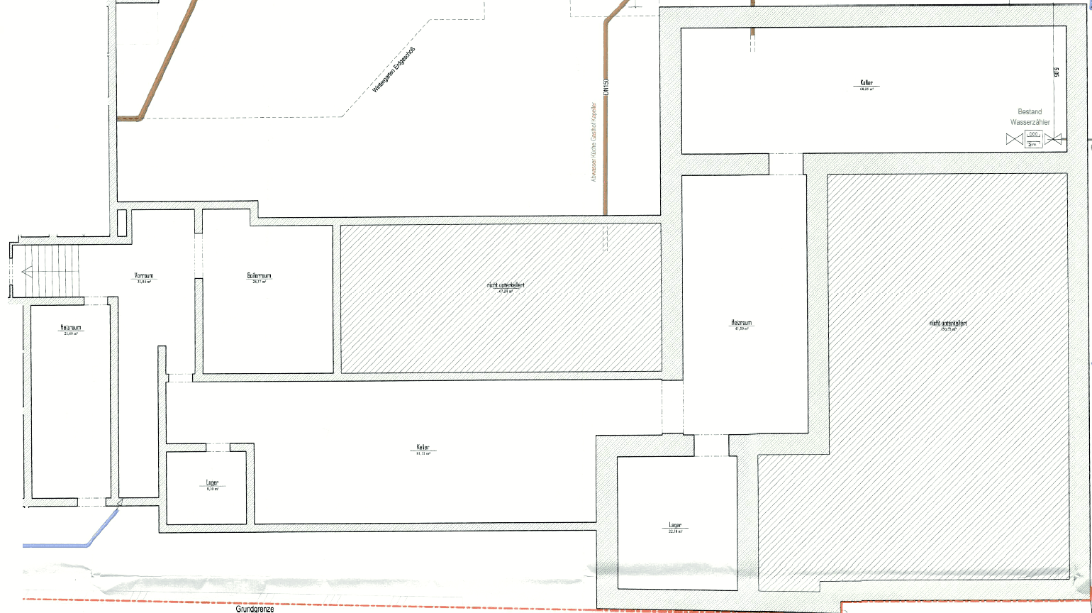 Grundriss des Kellergeschosses mit verschiedenen Lager- und Technikräumen.