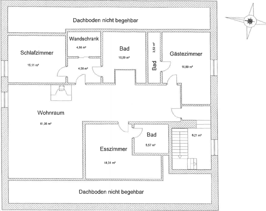 Grundriss des Dachgeschosses mit Wohnraum, Esszimmer, Schlafzimmern und Bädern.