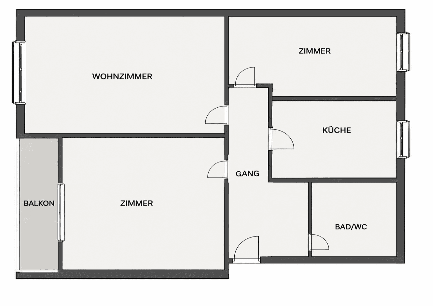 Grundriss einer Wohnung mit Wohnzimmer, zwei weiteren Zimmern, Küche, Bad und Balkon.