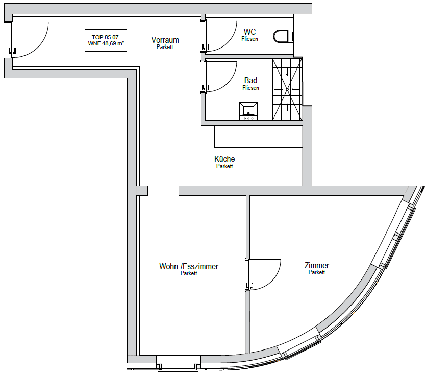 Grundriss der Wohnung mit offenem Wohn-/Essbereich, Schlafzimmer, Küche und Bad.