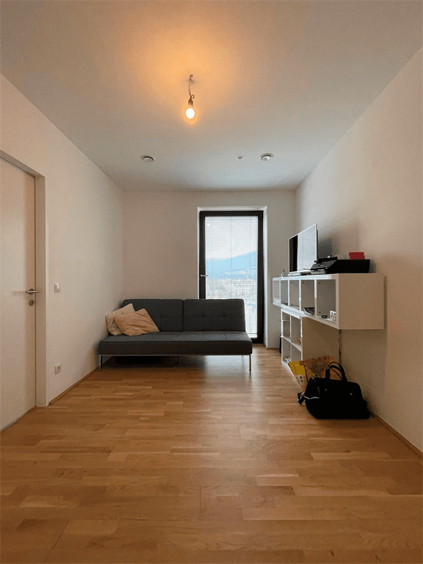 Gemütliches Wohnzimmer mit Sofa, Parkettboden und Zugang zu einem Balkon mit Bergblick.