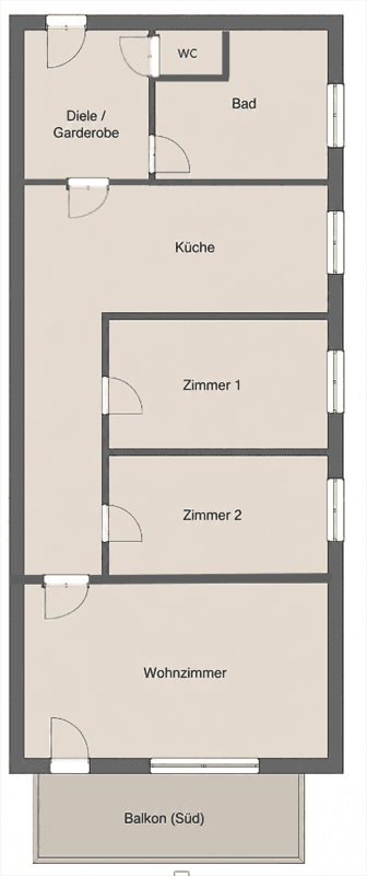 Grundriss einer Wohnung mit separater Küche, Wohnzimmer, zwei Zimmern, Bad, WC und Südbalkon.