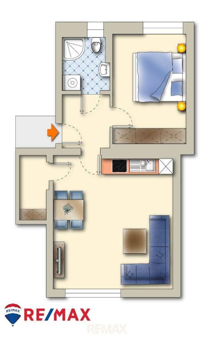 Grundriss einer Wohnung mit offenem Wohnbereich, Schlafzimmer, Bad und Balkon.
