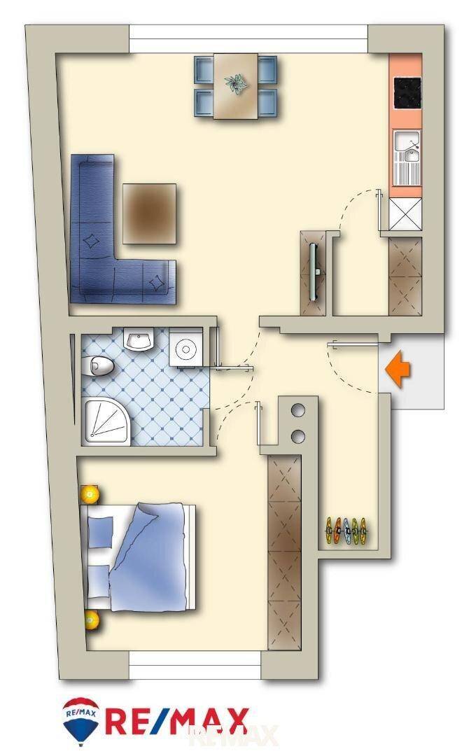 Grundriss einer Wohnung mit Schlafzimmer, Bad und offenem Wohn-Essbereich mit Küche.