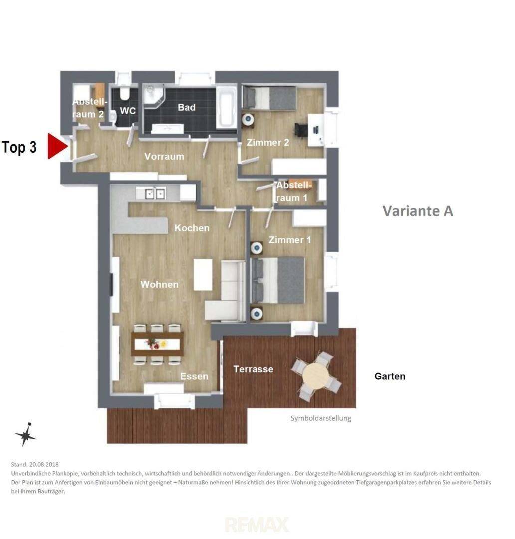 Grundriss einer Wohnung mit offenem Wohn-Essbereich, zwei Schlafzimmern, Bad und Terrasse mit Garten.