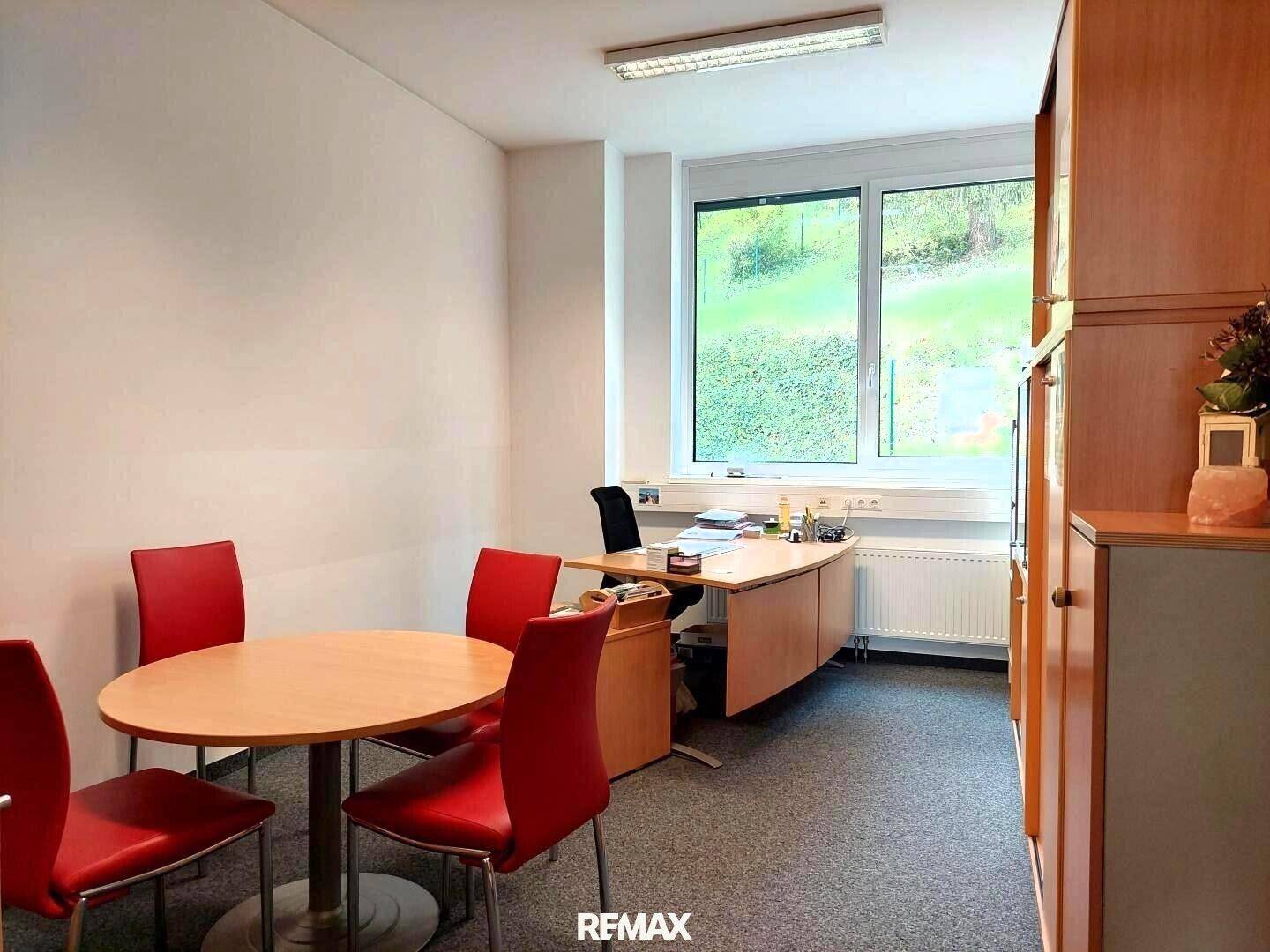 Büro mit Besprechungstisch, Schreibtisch und Schränken, mit Blick auf die grüne Umgebung durch das Fenster.