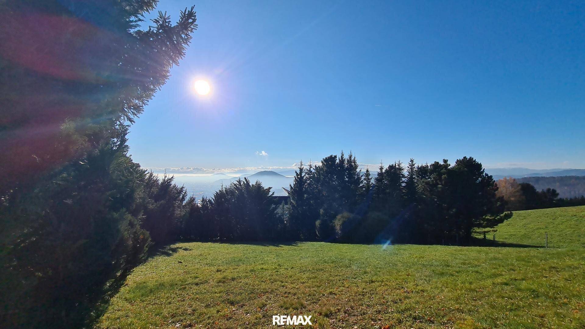 Sonniges Grundstück mit weitem Blick über die hügelige Landschaft und dichten Bäumen.