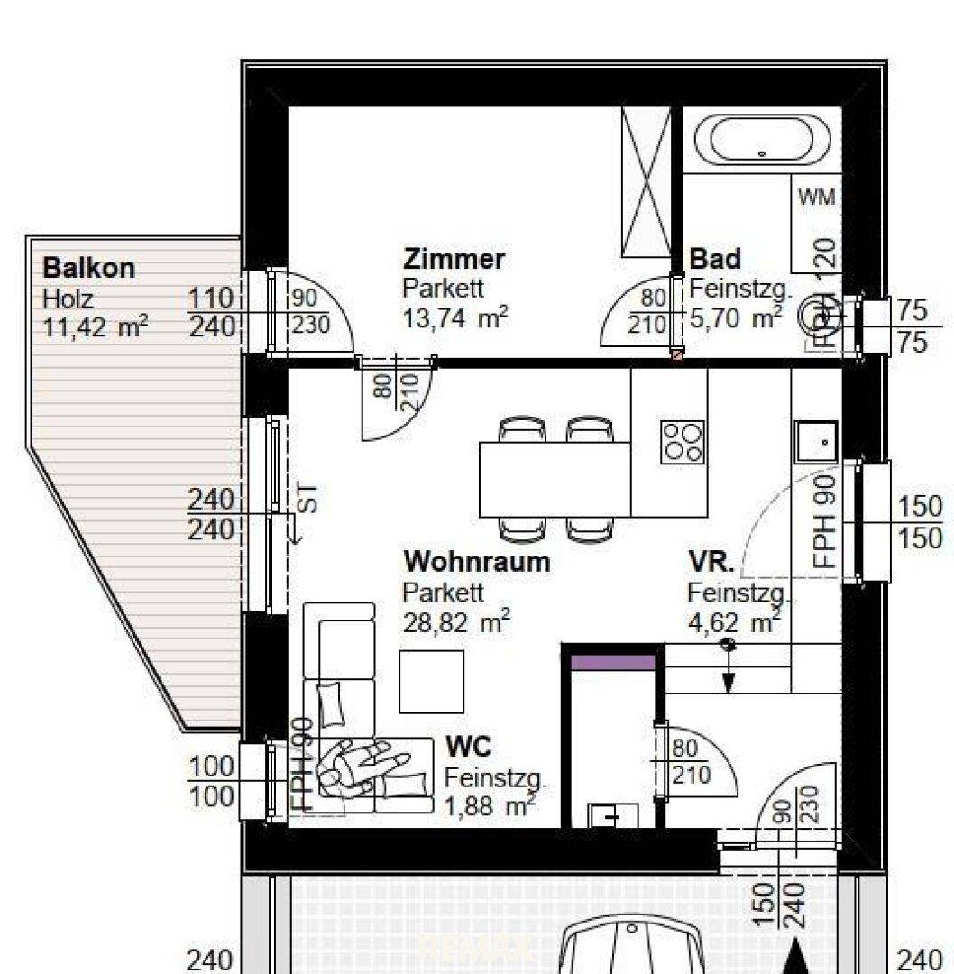 Detaillierter Grundriss einer Wohnung mit Balkon, Wohnraum, Zimmer, Bad und separatem WC.