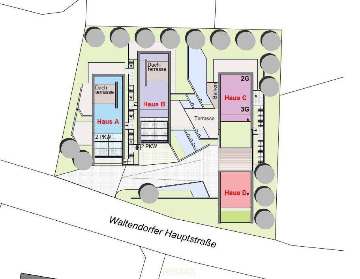 Übersichtsplan der Wohnanlage mit mehreren Häusern, Dachterrassen und Parkplätzen.
